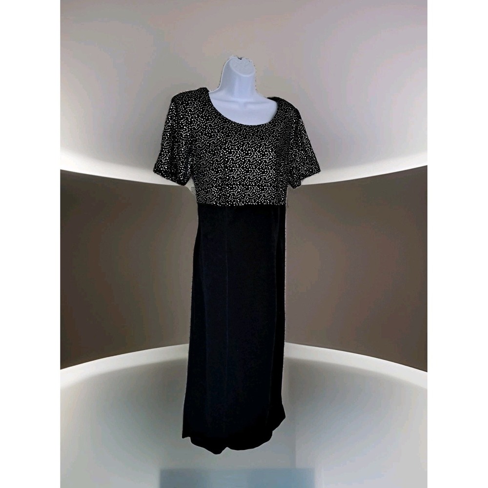 Betsy Lauren Maxi‎ Dress 14 Black Velvet Gown Silver Dotted Sparkle Front Slit
